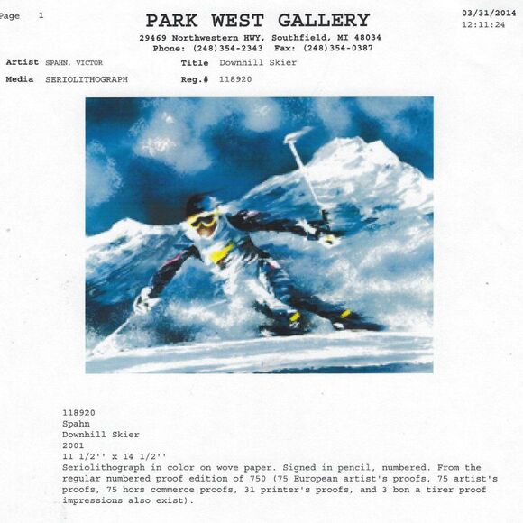 "Downhill Skier" by Victor Spahn Seriolithograph - Picture 5 of 7
